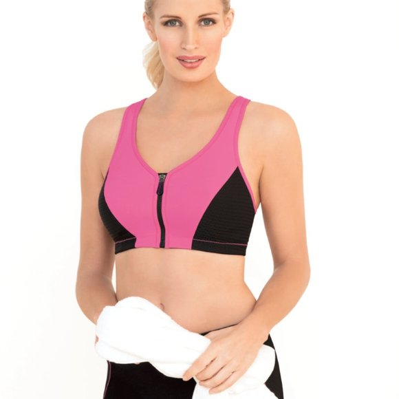 Glamorise SPORT Bra 34D (HIGH-IMPACT) Wicks! (RACERBACK) T-Back Zip-Up PINK New - Picture 10 of 16